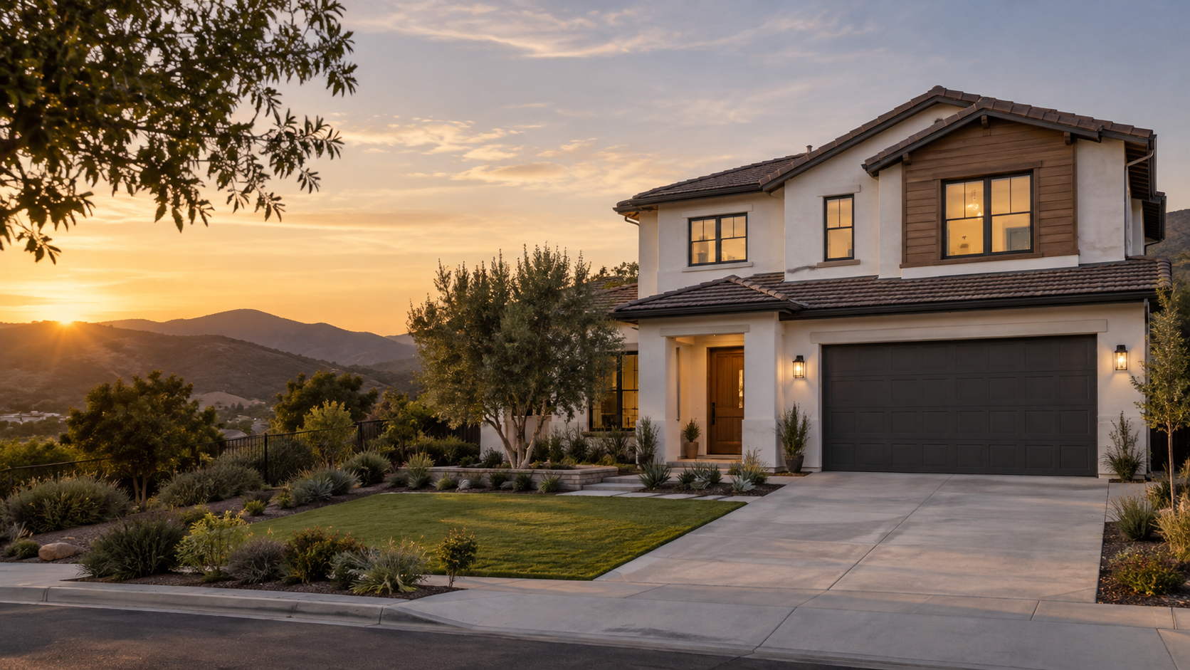 Illustrative modern Southern California home at sunset